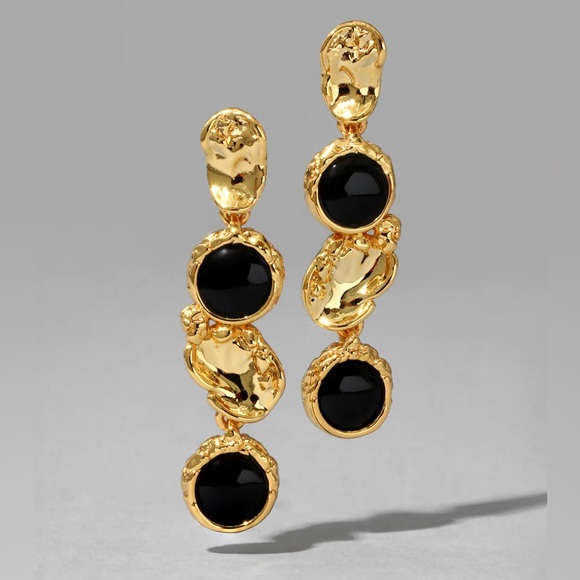 ALEXIS BITTAR • Brut Black Onyx Gold Coin Linear Post Drop Earrings - Picture 6 of 13